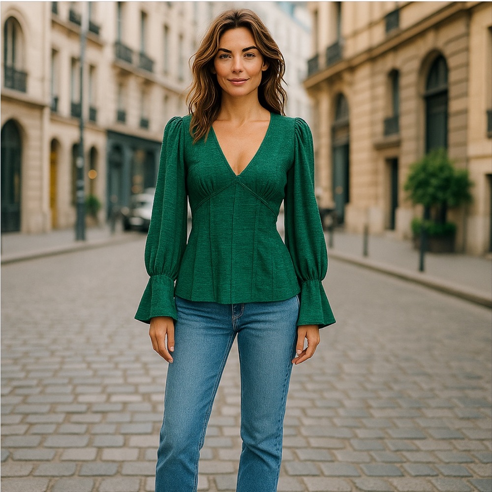 New! FREE PEOPLE Emerald V-Neck long sleeve bell wrists blouse. Size S - Picture 2 of 9